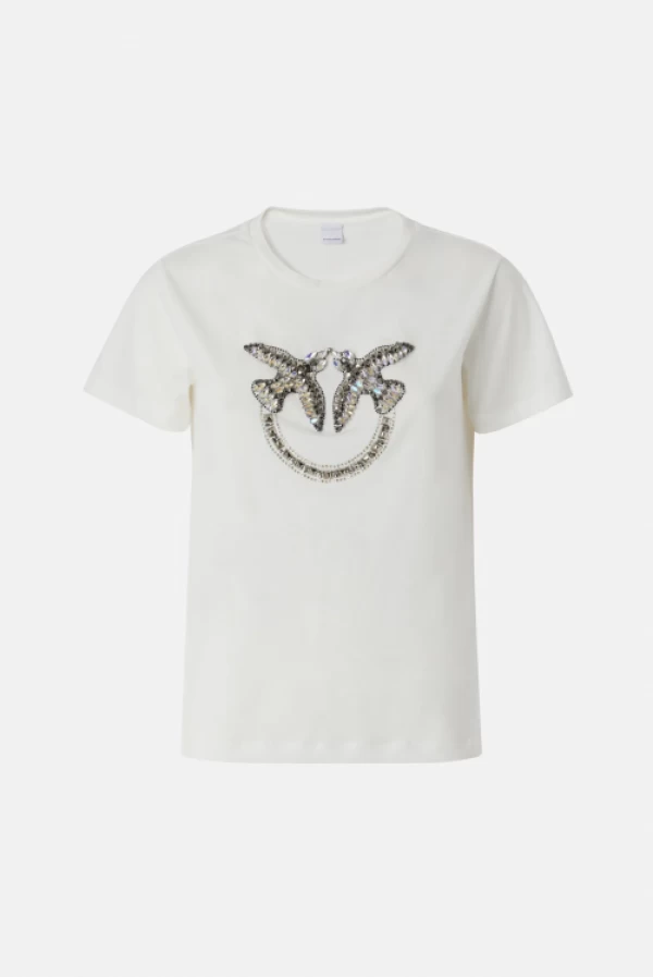 Camiseta con bordado del logotipo Love Birds en cristales