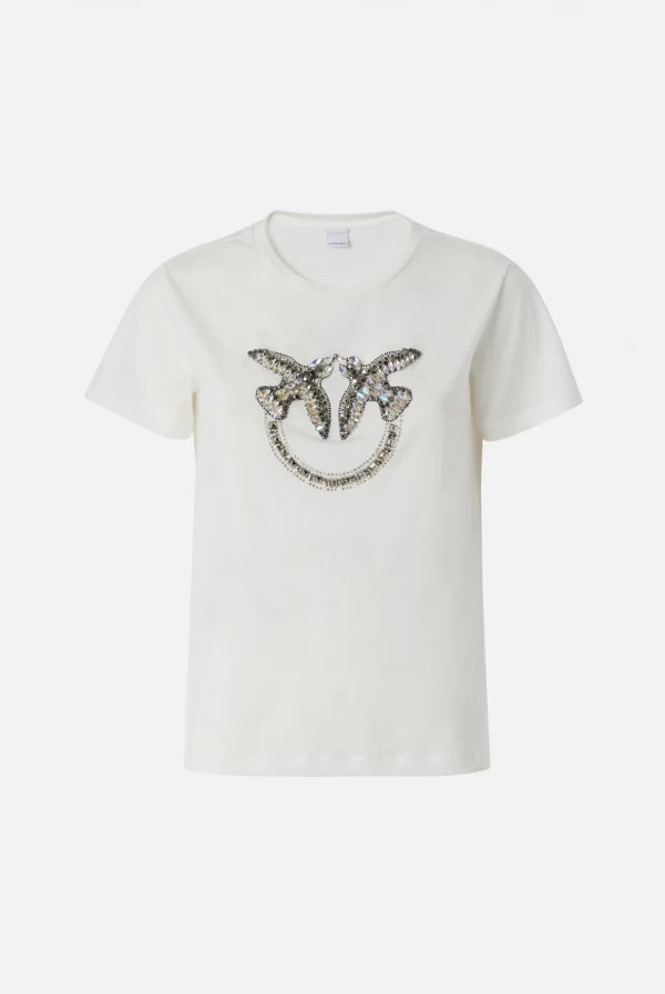 Camiseta con bordado del logotipo Love Birds en cristales