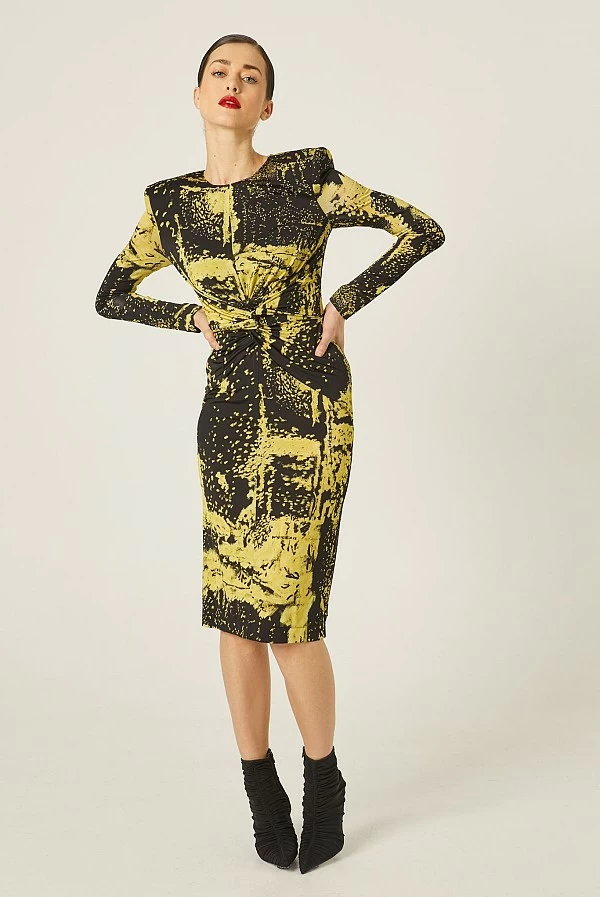 vestido midi masavi giotto licra estampaso amarillo y negro