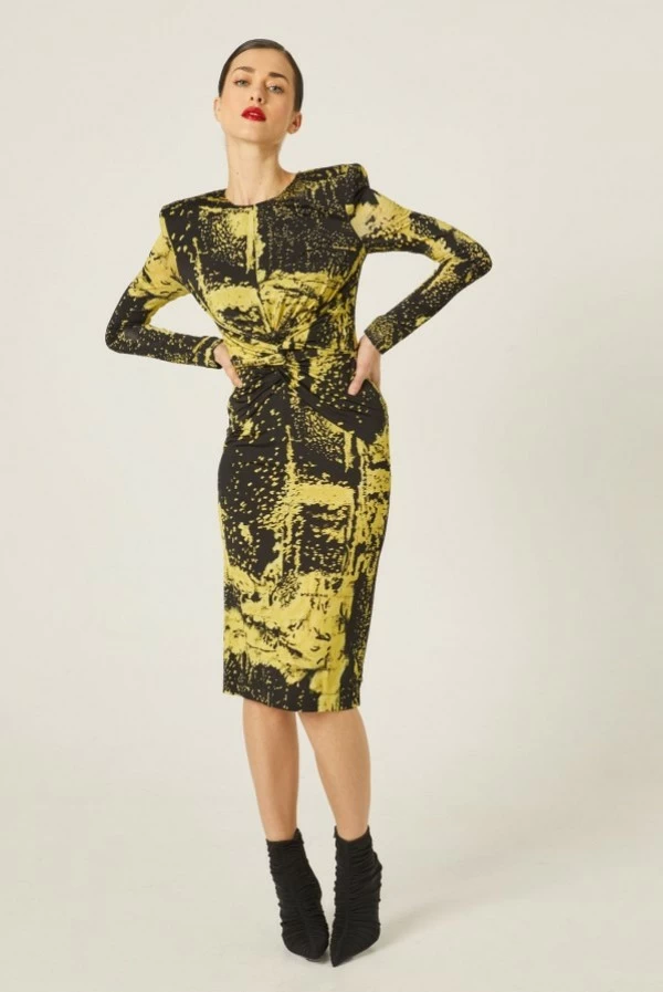 vestido midi masavi giotto licra estampaso amarillo y negro